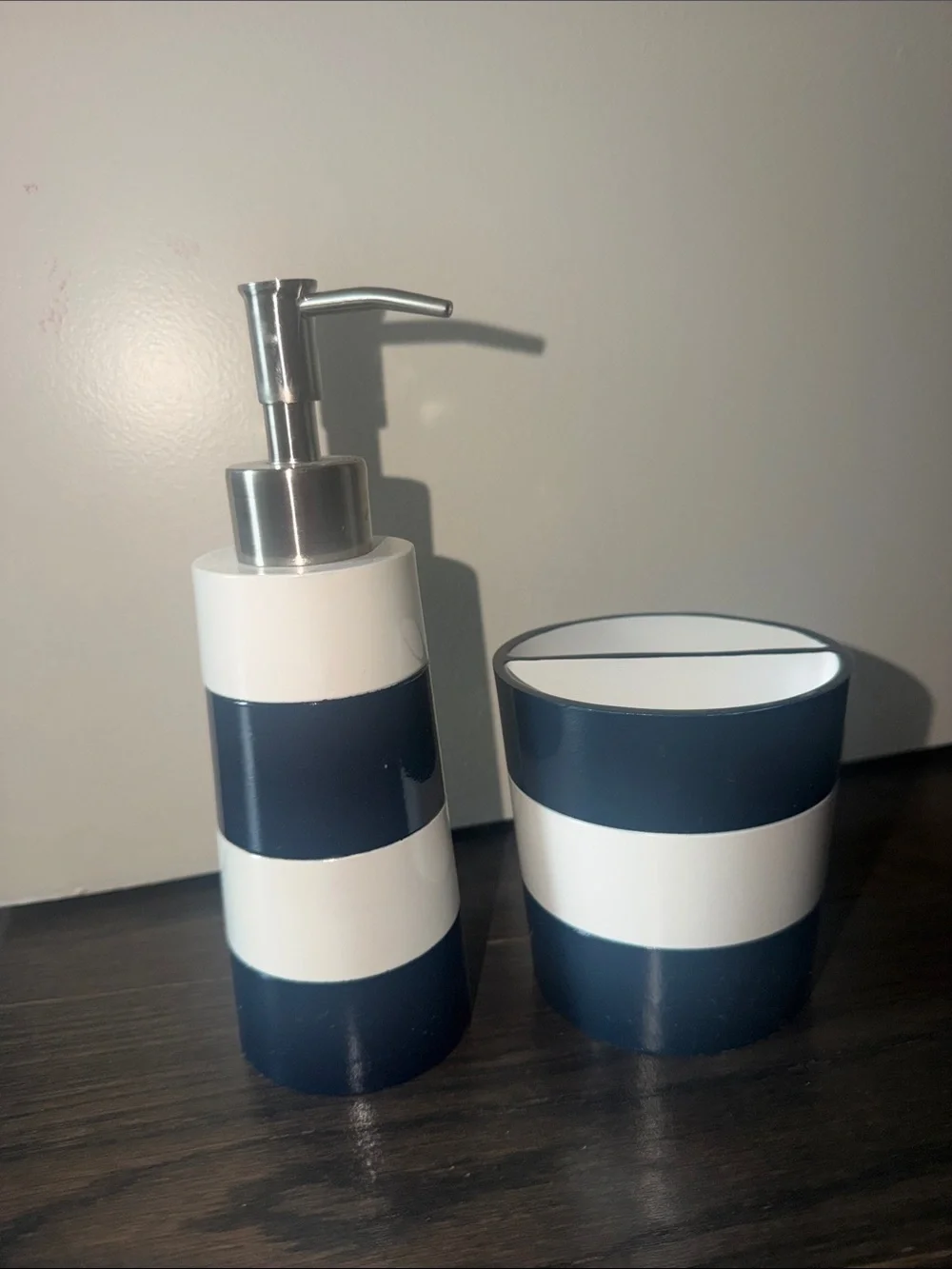 Pottery Barn Kids Navy & White Striped Ceramic Pump Dispenser and Tumbler